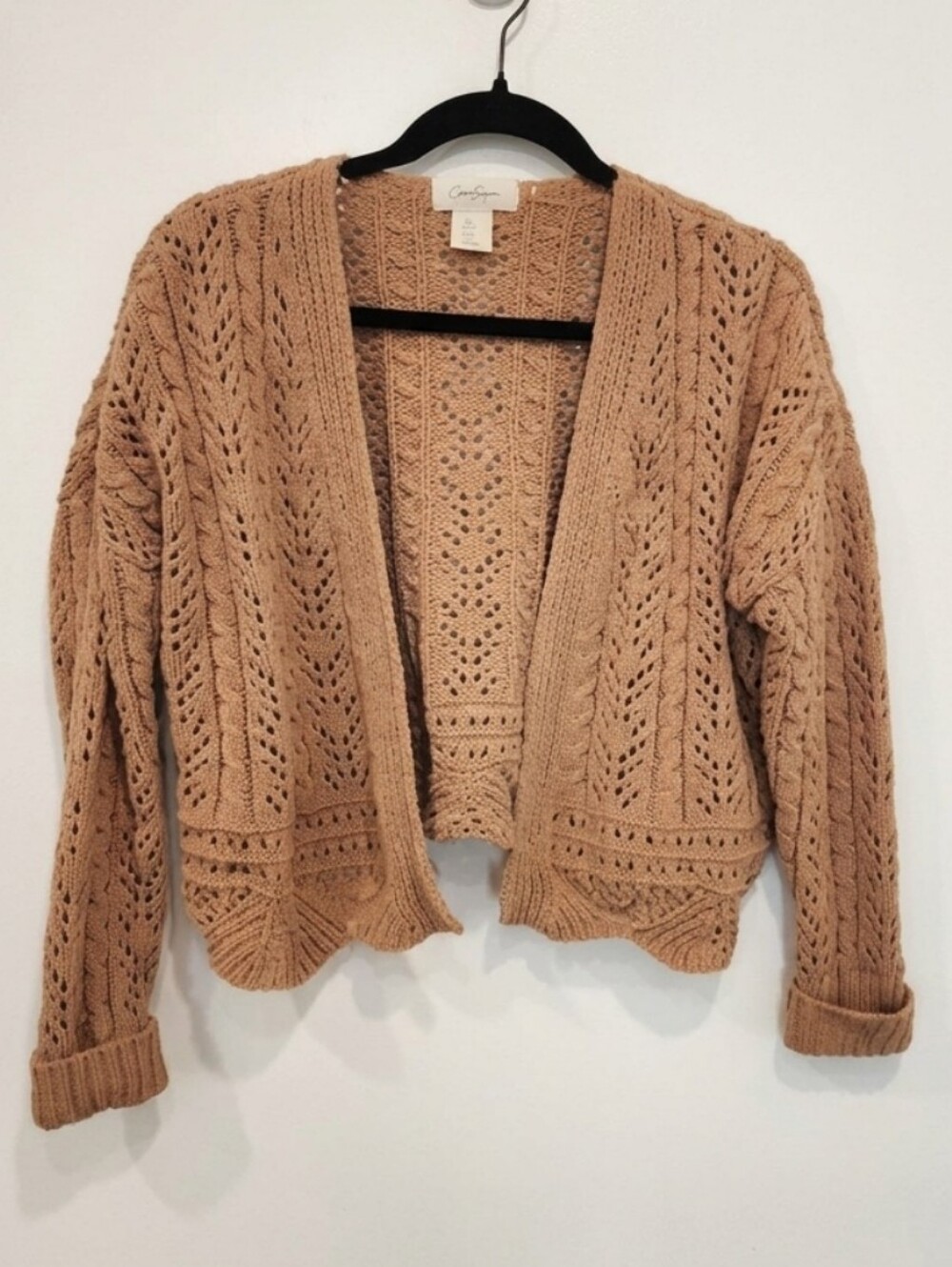 Cropped Open-Front Slouchy Crochet Knit Cardigan Scalloped Hem Small Cozy Fall